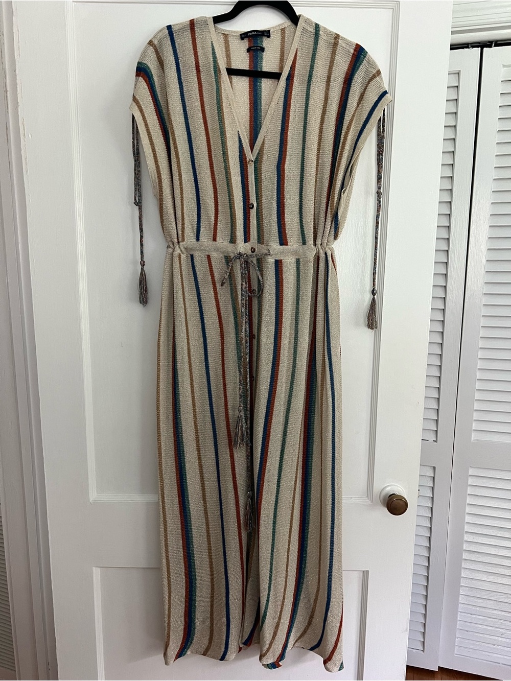 Zara Women’s Beige Metallic with Multicolor Stripe Knit Maxi Dress Caftan - S